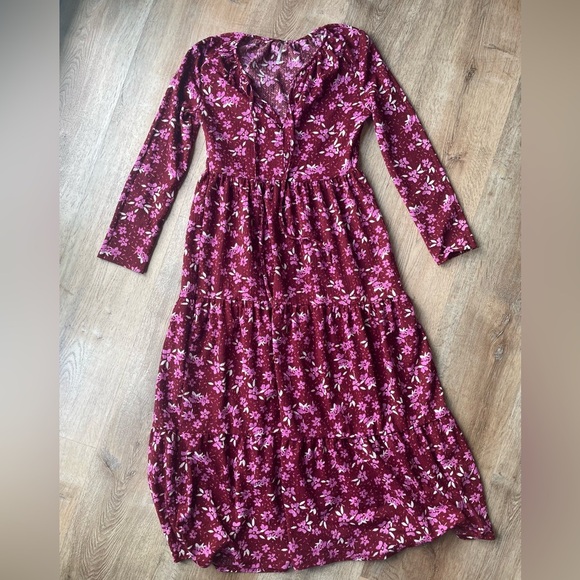 Free People Burgundy Floral Boho maxi Dress Long Sleeve Tiered Size S cottage - Picture 1 of 4
